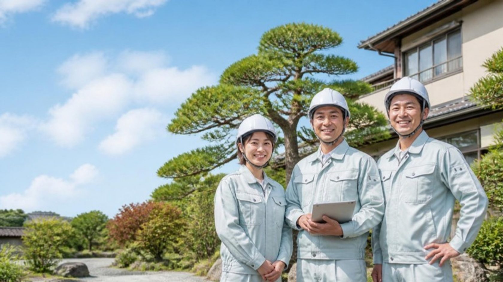 庭木の前に並ぶ作業服の地元スタッフの写真（イメージ）