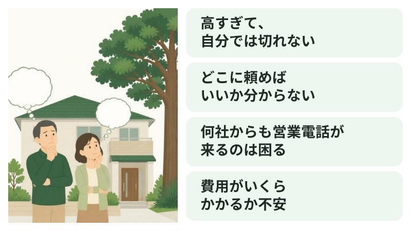 大きな木の前で困った様子の夫婦のイラスト。高すぎて、自分では切れない、どこに頼めばいいか分からない、何社からも営業電話が来るのは困る、費用がいくらかかるか不安